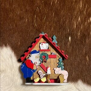 Vintage Emgee Wood Farmhouse Christmas Ornament with Santa and Animals, 1984